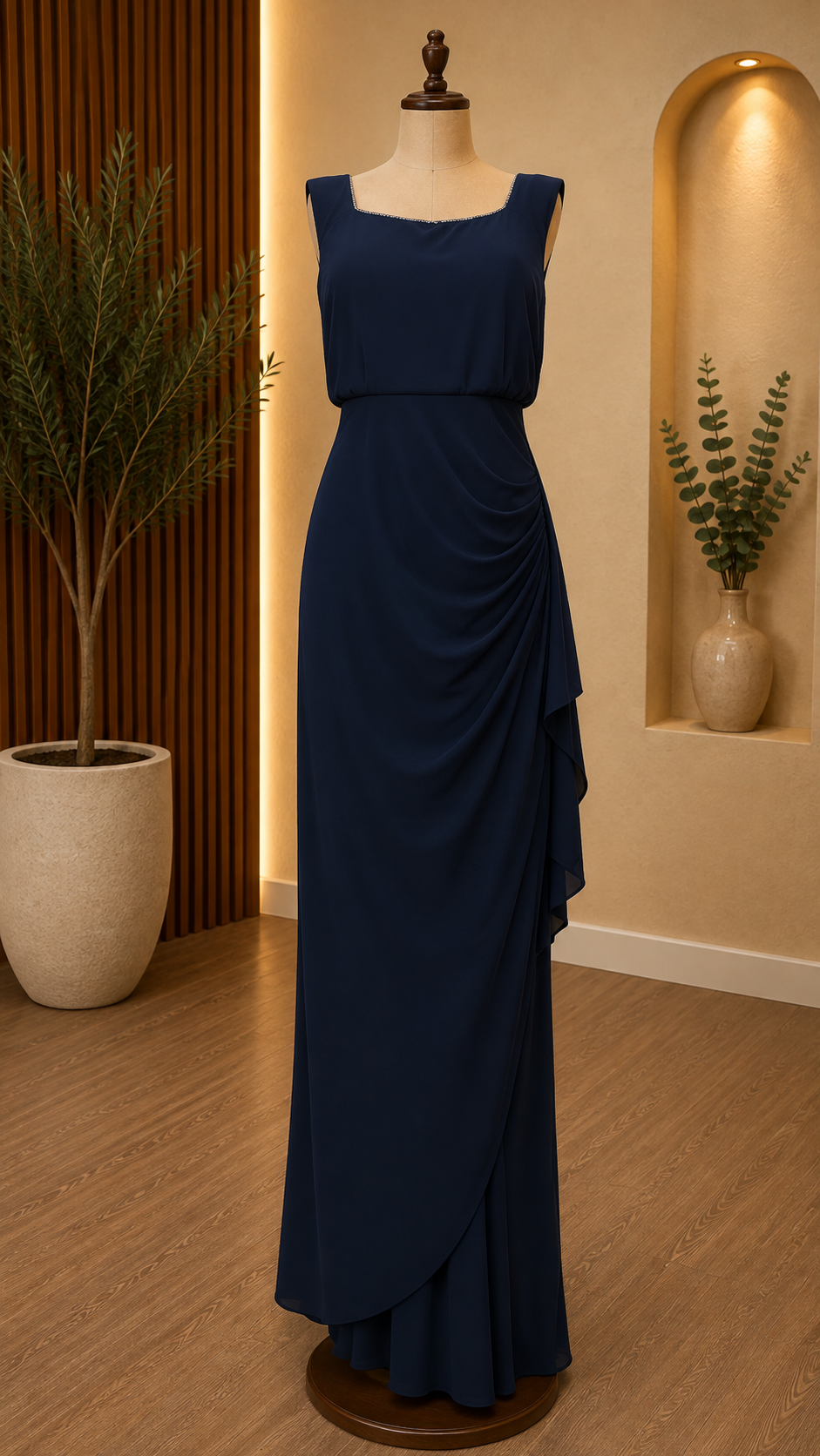 Vestido drapeado elegante con volante lateral