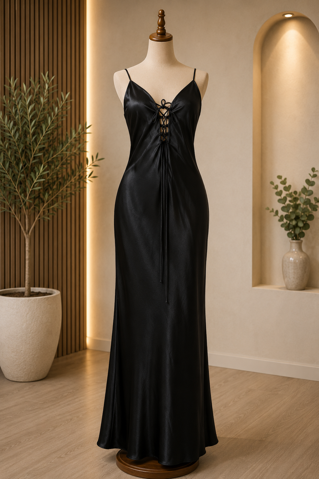 Vestido satinado con escote de tirantes y cordón frontal