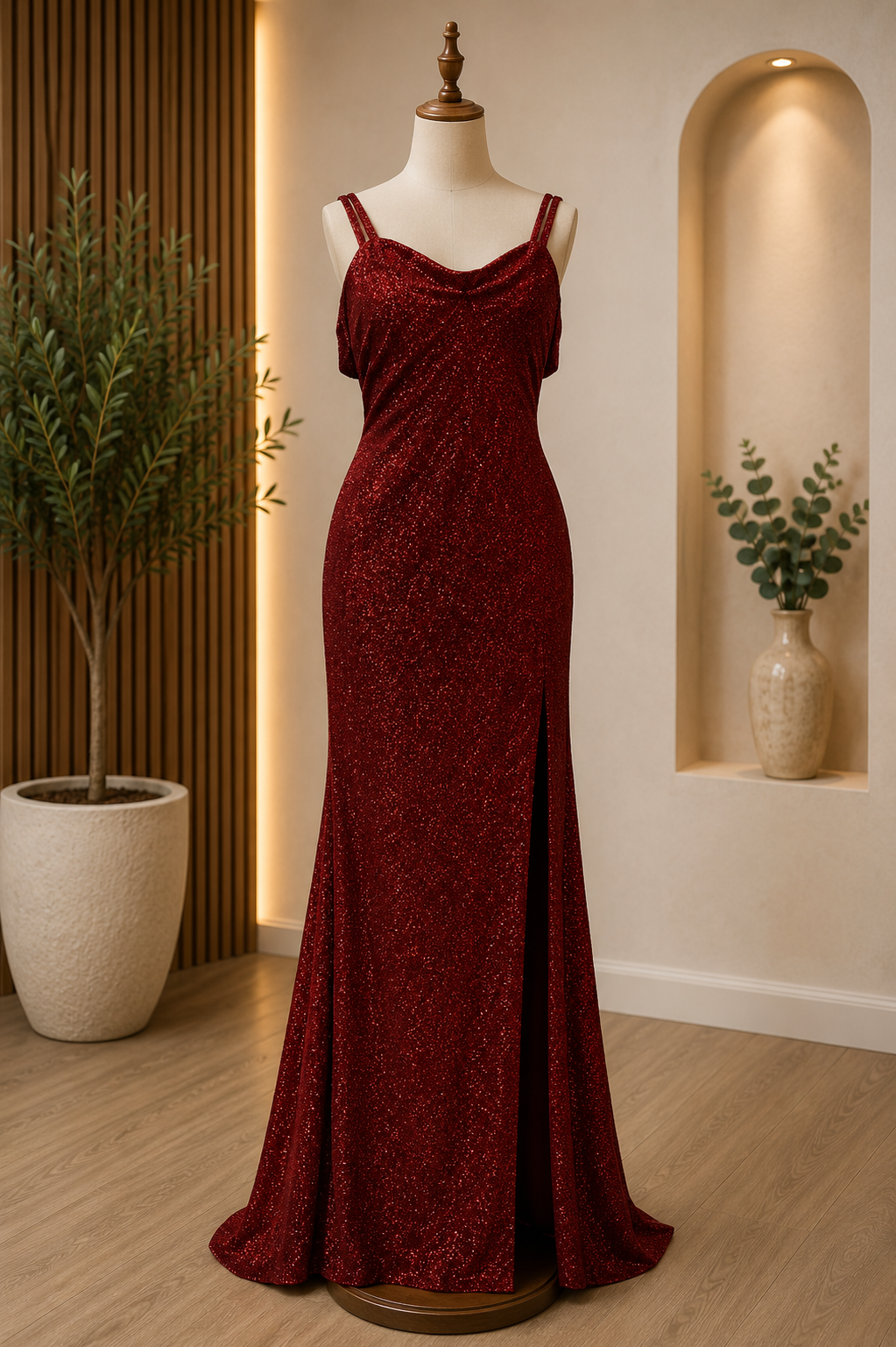 Vestido de fiesta con brillo y escote drapeado