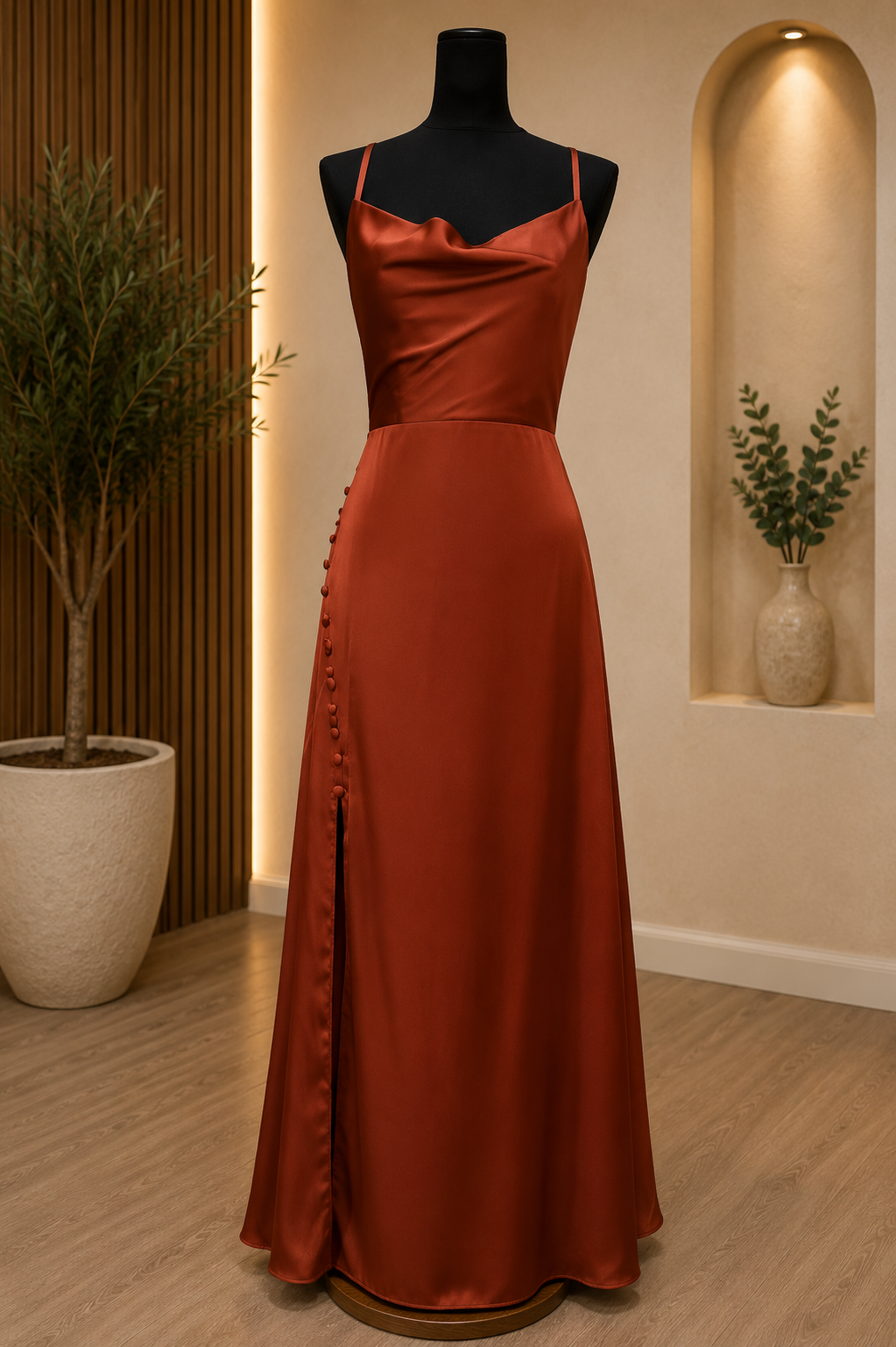 Vestido midi satinado con escote drapeado y abertura lateral