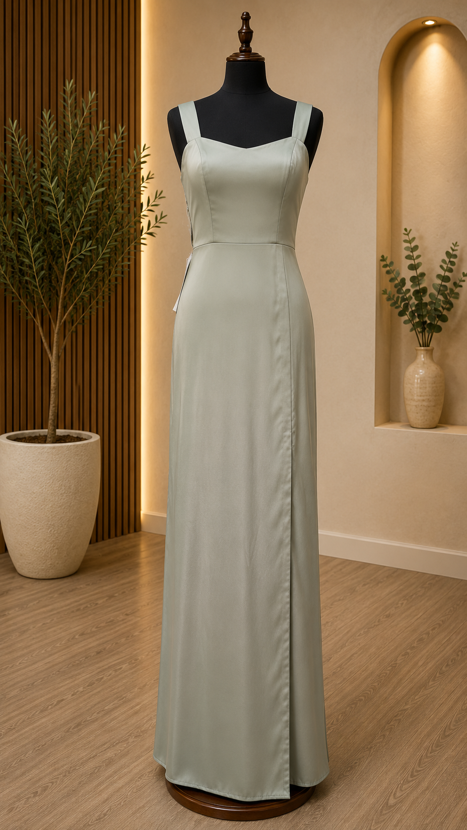 Vestido largo satinado de tirantes anchos y escote cuadrado